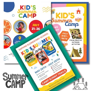 May include: Colorful flyer advertising a summer camp for kids. The flyer features images of children playing games, doing crafts, and having fun. The text on the flyer includes the name of the camp, the dates of the camp, and the contact information for the camp.
