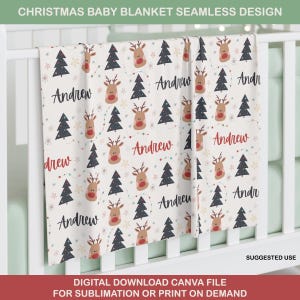 Ontwerpbestand kerstdeken | Rendier | Sublimatiedekensjabloon | Aanpasbare naamdeken naadloos ontwerp | POD-ontwerp