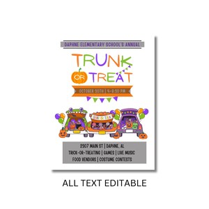 Peut inclure: Une affiche pour un &eacute;v&eacute;nement Trunk or Treat &agrave; l'&eacute;cole &eacute;l&eacute;mentaire Daphne. L'affiche pr&eacute;sente une illustration de trois voitures d&eacute;cor&eacute;es pour Halloween avec des citrouilles, des bonbons et d'autres d&eacute;corations festives. L'&eacute;v&eacute;nement est pr&eacute;vu le 30 octobre de 16h00 &agrave; 20h30. L'affiche indique &eacute;galement l'adresse, 2307 Main St, Daphne, AL, et des d&eacute;tails sur les activit&eacute;s, notamment le trick-or-treating, des jeux, de la musique live, des stands de nourriture et des concours de costumes. Le texte en bas de l'affiche indique "Tout le texte est modifiable."