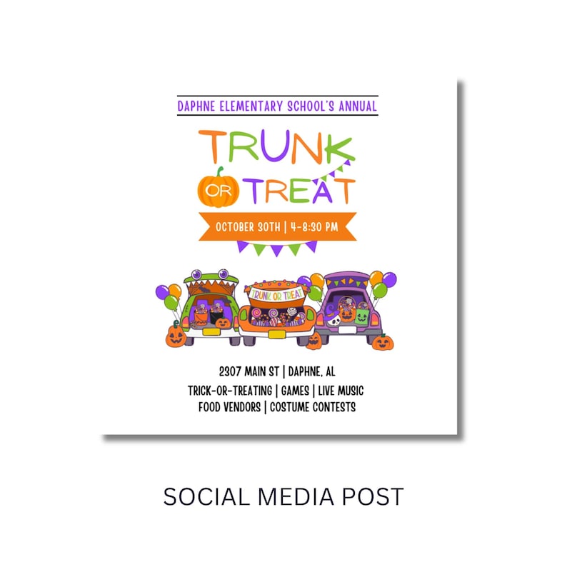 Peut inclure: Une affiche color&eacute;e annon&ccedil;ant un &eacute;v&eacute;nement Trunk or Treat &agrave; l'&eacute;cole &eacute;l&eacute;mentaire Daphne. L'affiche pr&eacute;sente une illustration de voitures d&eacute;cor&eacute;es pour Halloween avec des bonbons et des citrouilles. L'&eacute;v&eacute;nement est pr&eacute;vu le 30 octobre de 16h00 &agrave; 20h30 au 2307 Main Street &agrave; Daphne, Alabama. L'&eacute;v&eacute;nement comprend des tours de bonbons, des jeux, de la musique live, des vendeurs de nourriture et des concours de costumes.