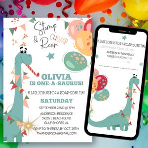 Editable Dinosaur Birthday Invitation, Printable Birthday Invite, Digital Evite, Bonus Thank You Favor Tag, One A Saurus, DIY Canva Template