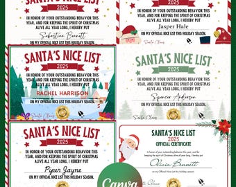 Lot de certificats belle liste du Père Noël | Souvenir de Noël modifiable (téléchargement numérique)