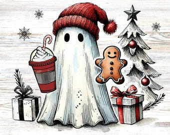Cute Christmas Ghost PNG | Retro Coffee Design (Digital Download)