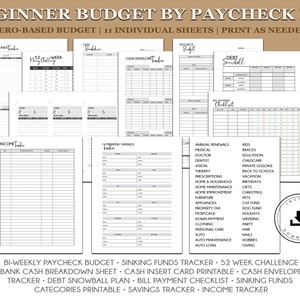 May include: A collection of printable financial planning sheets. The text includes "BEGINNER BUDGET BY PAYCHECK KIT" and "ZERO-BASED BUDGET." Sheets include trackers for income, savings, debt, and expenses. A digital download icon is in the lower right corner.