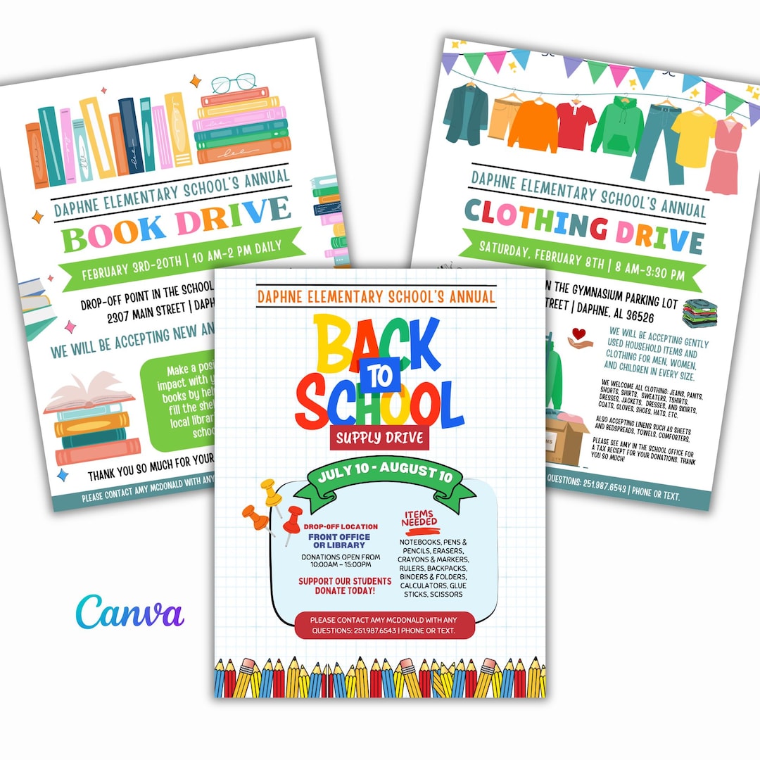 Editable School Drive Flyers: Book, Clothes, Supplies (canva Files) - Etsy