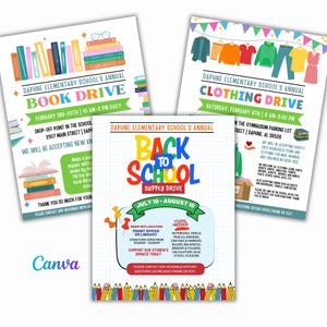 Può includere: Tre volantini per raccolte scolastiche. Il primo annuncia una raccolta di libri con libri colorati. Il secondo promuove una raccolta di vestiti con illustrazioni di abiti. Il terzo pubblicizza una raccolta di materiale scolastico con un elenco di articoli.