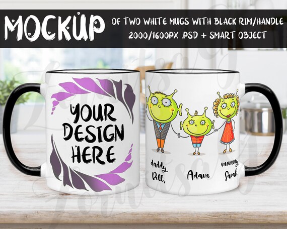 Two Mugs Mock Up Two Black Handle Mugs Mockup Two Coffee Etsy