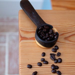 Pode incluir: Uma colher de café de madeira escura cheia de grãos de café torrados escuros. A colher está sobre uma superfície de madeira clara, com vários grãos espalhados ao redor. A colher tem uma borda preta e um interior claro.