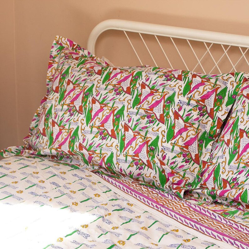 Indian Block Printed Pillow Case 'Kingfisher'-Bedding-AARVEN