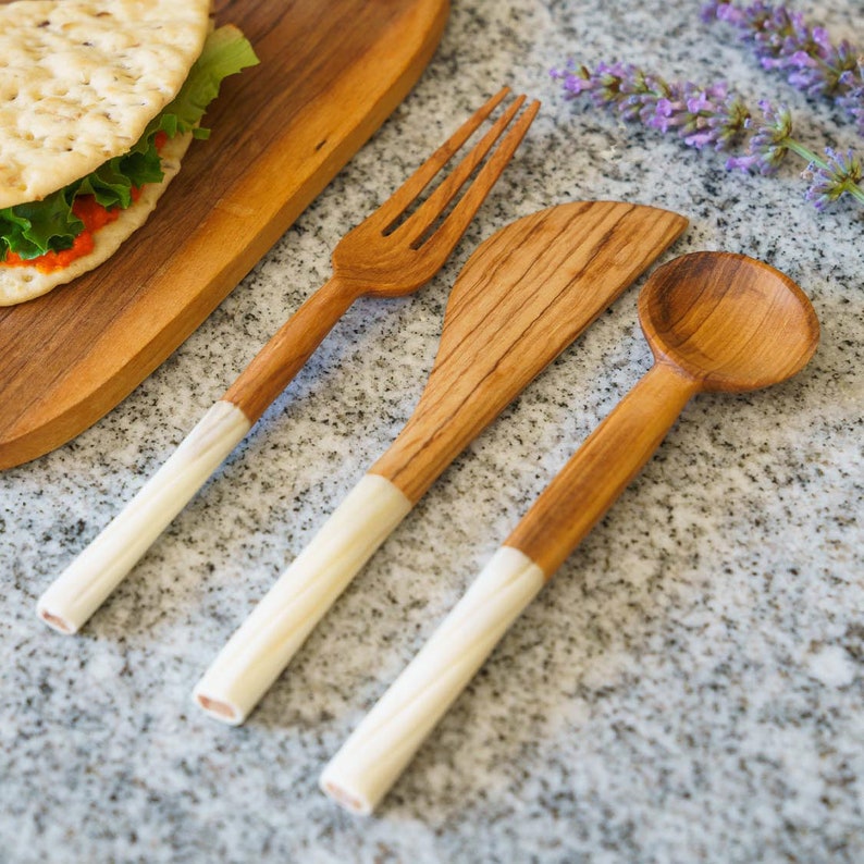 Hand Carved Wild Olive Wood Bone Handle Knife Fork & Spoon Etsy