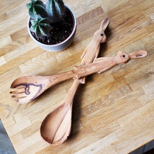 Olive Wood Bunny Rabbit Salad Servers