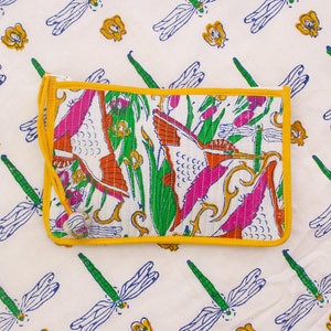 Indian Block Printed Medium Pouch &#39;Kingfisher&#39;