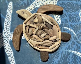 Layered Driftwood Turtle Sculpture, Coastal Wall Art, Unique Beach Decor