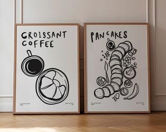 Breakfast Print Set, Ink Bleed Style, Croissant Print, Pancakes Print, Coffee Print, Trendy Poster, Kitchen Print, Kitchen Decor, UNFRAMED