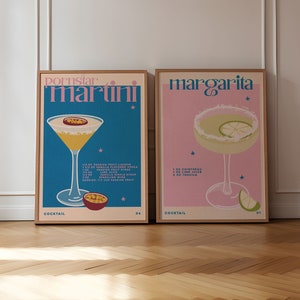 Juego de 2 impresiones de cócteles, impresiones de bares, carteles de cócteles, arte de pared retro, impresiones de cocina retro, decoración de cocina, decoración estética de bares, SIN MARCO