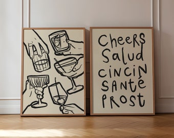 Set of 2 Cheers Prints, Retro Wine Print, Retro Wall Art, Kitchen Wall Prints, Aesthetic Wall Decor, Gallery Wall, Home Inspo, UNFRAMED