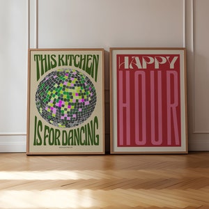 Set of 2 Kitchen Prints, This Kitchen Is For Dancing, Disco Ball, Kitchen Prints, Kitchen Decor, Retro Poster, Happy Hour, Kitchen, UNFRAMED