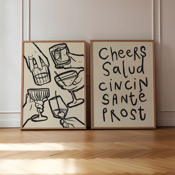 Set of 2 Cheers Prints, Retro Wine Print, Retro Wall Art, Kitchen Wall Prints, Aesthetic Wall Decor, Gallery Wall, Home Inspo, UNFRAMED