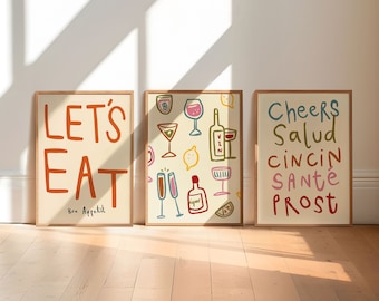 Set of 3 Dining Prints, Colourful Cheers Print, Retro Wall Art, Kitchen Wall Prints, Aesthetic Decor, Gallery Wall, Home Inspo, UNFRAMED