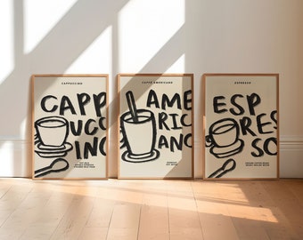 Set of 3 Classic Coffees Prints, Coffee Ingredients, Set of 3 Prints, Kitchen Prints, Kitchen Decor, Cafe Prints, Gallery Wall, UNFRAMED