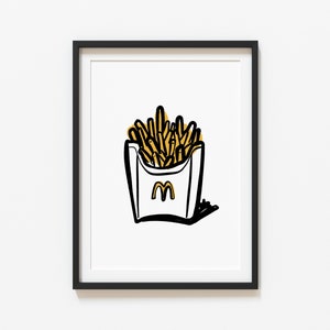 K&ouml;nnte beinhalten: Schwarz-wei&szlig;-Zeichnung eines stilisierten McDonald's-Pommes-Beh&auml;lters mit einer gelben Umrandung der Pommes darin. Der Beh&auml;lter tr&auml;gt das McDonald's-Logo auf der Vorderseite.
