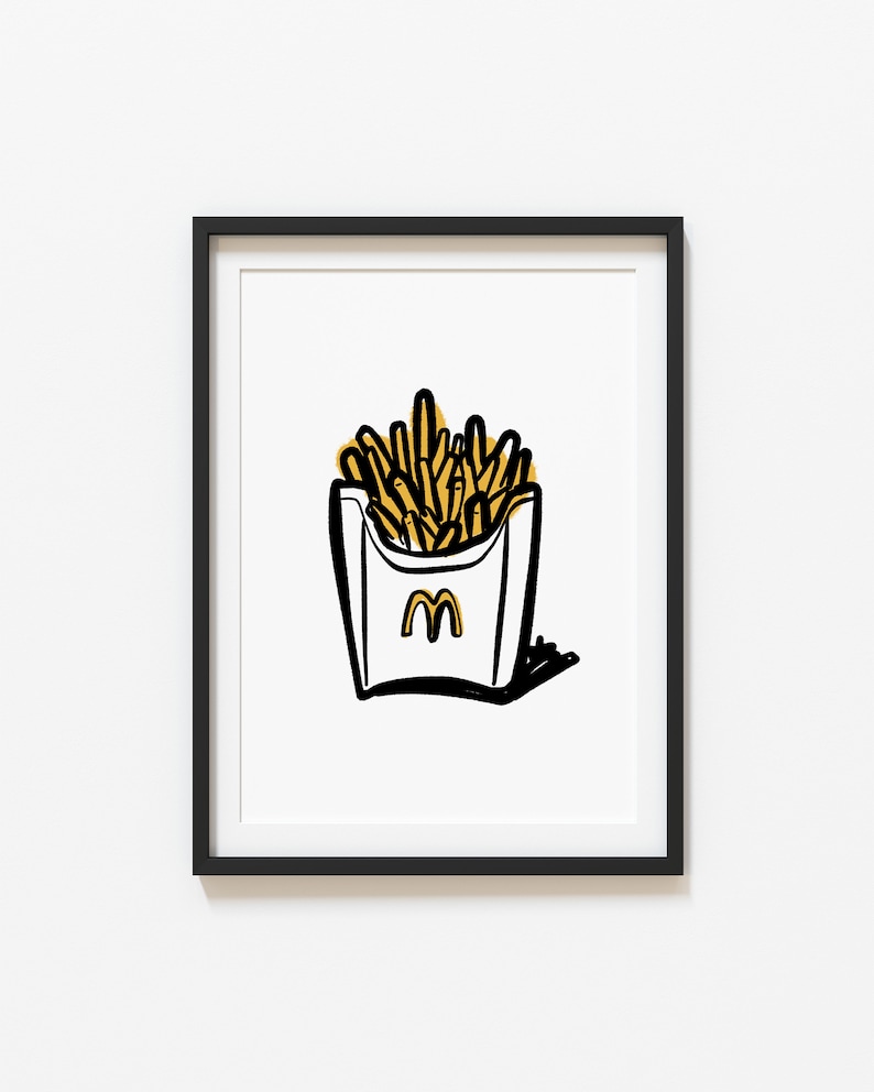 K&ouml;nnte beinhalten: Schwarz-wei&szlig;-Zeichnung eines stilisierten McDonald's-Pommes-Beh&auml;lters mit einer gelben Umrandung der Pommes darin. Der Beh&auml;lter tr&auml;gt das McDonald's-Logo auf der Vorderseite.