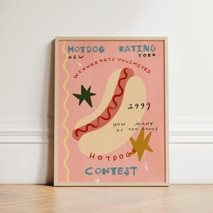 Hotdog Contest Print, Street Food Print, Trendy Cooking Print, Retro Kitchen Poster, Foodie Art Print, Kitchen Illustration Artwork UNFRAMED