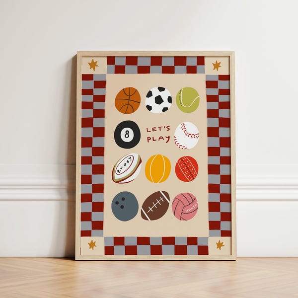Let's Play Print, Kinderzimmer-Druck, Football-Wand-Kunst, Jungen-Schlafzimmer-Druck, Kleinkindzimmer-Druck, Spielzimmer, Basketball-Druck, UNGERAHMT