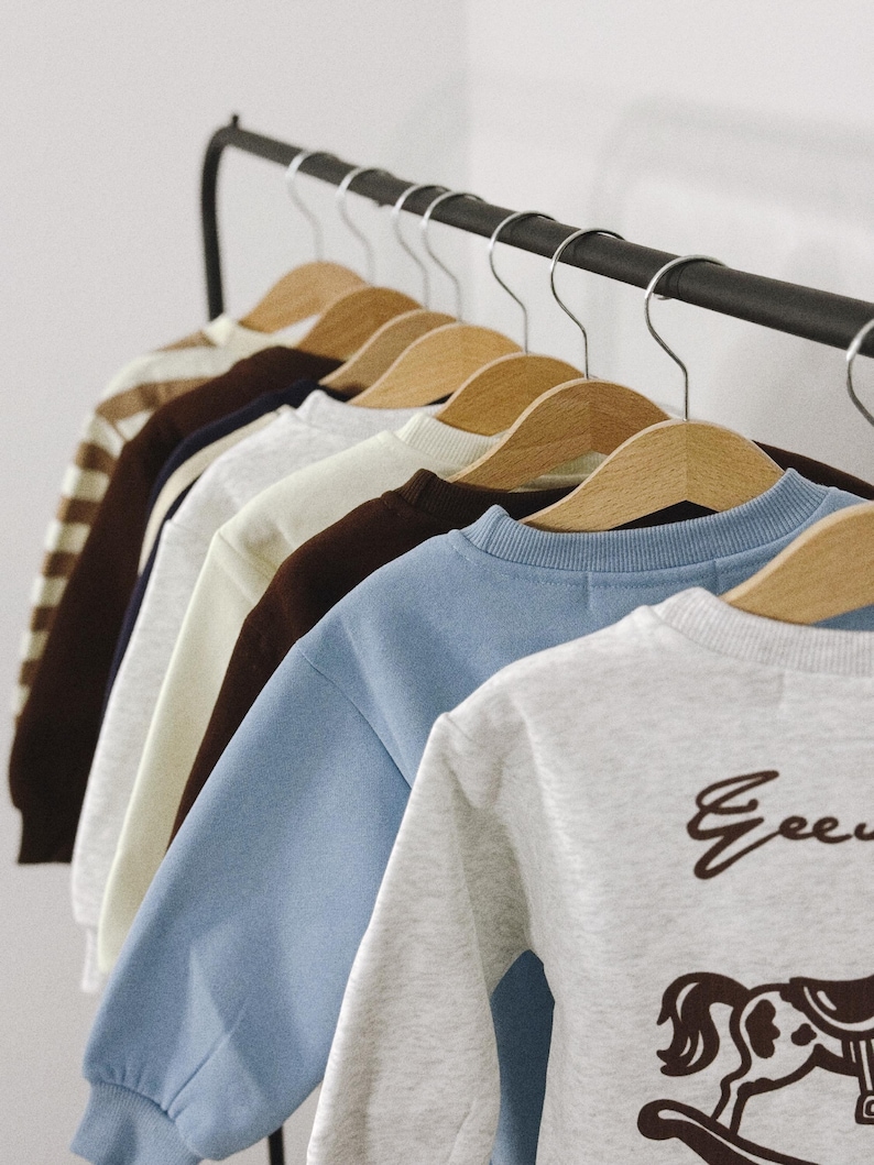 May include: A selection of children's sweatshirts in various colors, hanging on wooden hangers. The sweatshirts include a light blue, gray, and brown one. The gray sweatshirt has a rocking horse graphic and the word "Gee" printed on it.