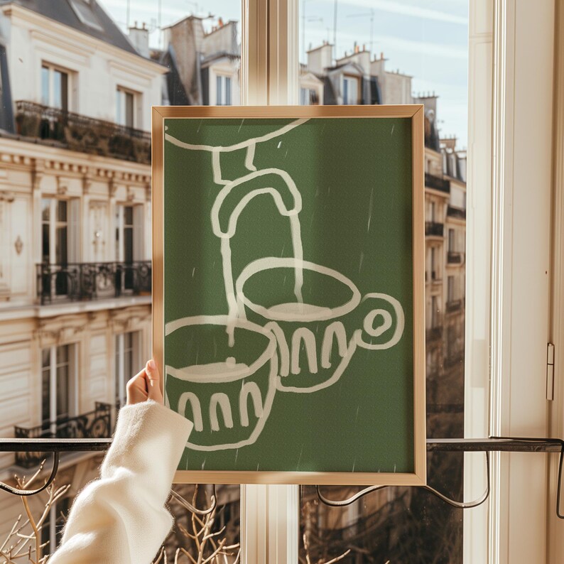 May include: A framed green canvas print with a white illustration of two cups and a faucet pouring water into one of the cups.