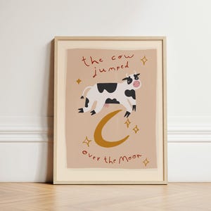 Cow Jumped Over Moon Print, Nursery Rhyme Print, Kids Bedroom Art, Illustration Wall Art, Nursery Wall Art, Kids Room, Play Room, UNFRAMED image 1
