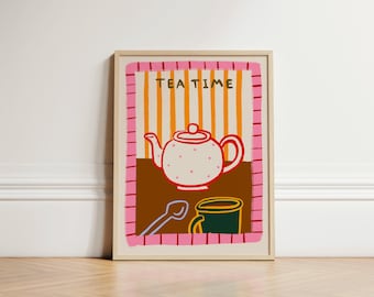 Theeprint, retromuurkunst, retro keukenprint, kleurrijke keukenmuurkunst, keukenposter, theeposter, INGELIJSTE