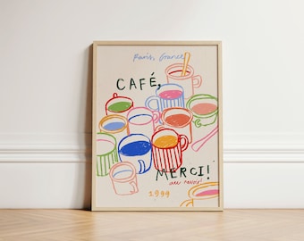 Cafe Merci Print, Coffee Poster, Kitchen Wall Art, Kitchen Decor, Aesthetic Wall Art, Apartment Wall Art, Trendy Kitchen Print, UNFRAMED