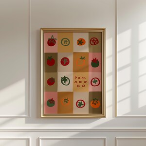 May include: A framed artwork featuring a grid of colorful squares, each displaying a different illustration of a tomato. The tomatoes are depicted in various styles and colors, with the word "POMODORO" in the center.