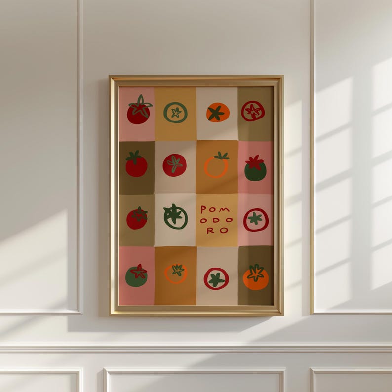 May include: A framed artwork featuring a grid of colorful squares, each displaying a different illustration of a tomato. The tomatoes are depicted in various styles and colors, with the word "POMODORO" in the center.