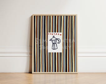 Cortado Coffee Print, Striped Kitchen Wall Art, Retro Coffee Poster, Cafe Wall Decor, Espresso Illustration, Colourful Kitchen Art, UNFRAMED