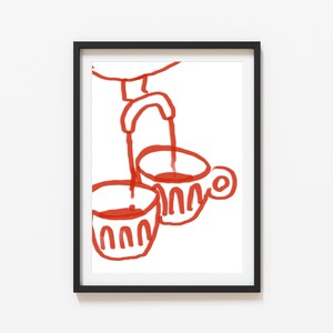 May include: A framed illustration of two red cups with a red faucet pouring liquid into one of the cups.