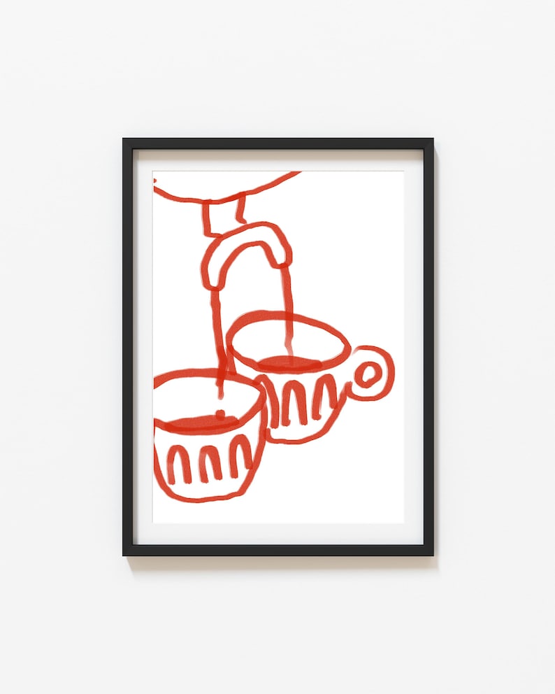 May include: A framed illustration of two red cups with a red faucet pouring liquid into one of the cups.