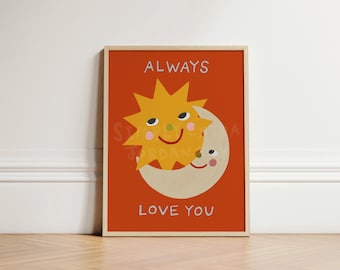 Sun and Moon Nursery Print, Children's Whimsical Wall Art Print, Nursery Decor, Nursery Kids Room Decor, Toddler Bedroom Art, UNFRAMED