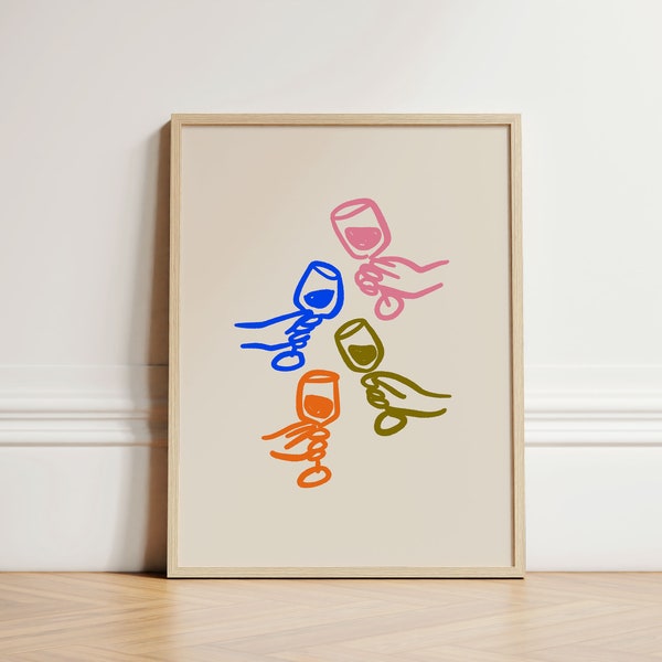 Cheers print, inkt loopt af, wijnposter, wijnglazen, vintage poster, wijnprint, retro poster, trendy muurkunst, esthetische kamer, INGELIJST