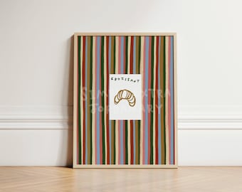 Croissant Kitchen Print, Striped Wall Art, Retro Kitchen Decor, French Bakery Poster, Colourful Food Illustration, Dining Room Art, UNFRAMED