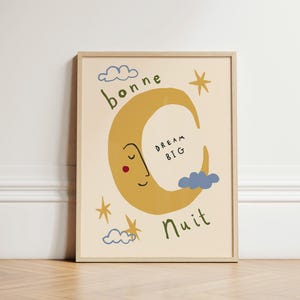 Impresión Dream Big, impresión de guardería con luna, arte de pared con ilustraciones, arte de pared para guardería, decoración de guardería bohemia, habitación de niños, arte infantil lindo, SIN MARCO
