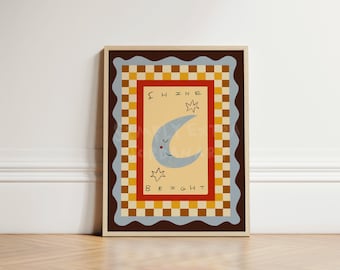 Shine Bright Moon Nursery Wall Art, Whimsical Kids Room Decor Print, Celestial Baby Art, Gender Neutral Nursery, Baby Bedroom, UNFRAMED