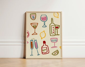 Trinkgläser Druck, Bunter Wein Druck, Retro Wandkunst, Küchen Wanddrucke, Ästhetische Dekoration, Galeriewand, Haus Inspo, UNGERAHMT