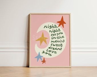 Night Night Love You Nursery Print, Children's Whimsical Wall Art Print, Nursery Decor, Nursery Kids Room Decor, Kids Bedroom Art, UNFRAMED