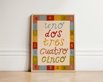 Spanish Learning Wall Art Print, Playroom 123 Poster for Kids Room, Uno Dos Tres Print, Kids Educational Counting Wall Art Print, UNFRAMED