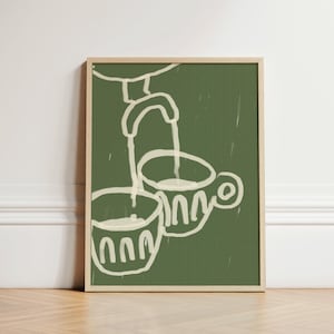 May include: A green framed illustration of two white cups with a white faucet pouring liquid into one of the cups.