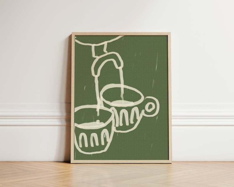 May include: A green framed illustration of two white cups with a white faucet pouring liquid into one of the cups.