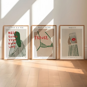Impresiones francesas abstractas, conjunto de 3, impresión francesa de moda, arte de la pared francesa, pared de la galería, impresiones francesas vintage, arte de la pared, cartel retro UNFRAMED