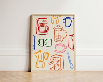Coffee Makers Print, Colourful Coffee Print, Retro Wall Art, Kitchen Wall Prints, Aesthetic Decor, Gallery Wall, Home Inspo, UNFRAMED